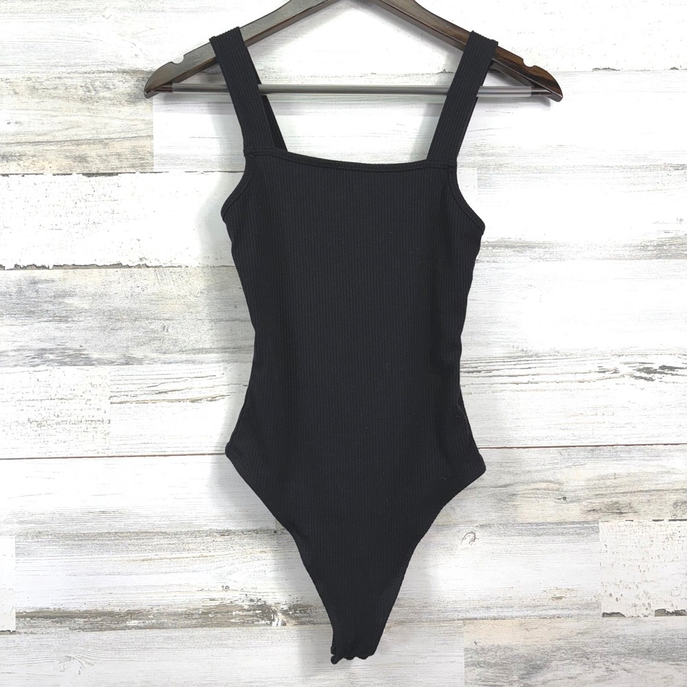 American‎ Eagle Thong Bodysuit Layer S Black Ribbed Square Tank Snap Crotch Chic